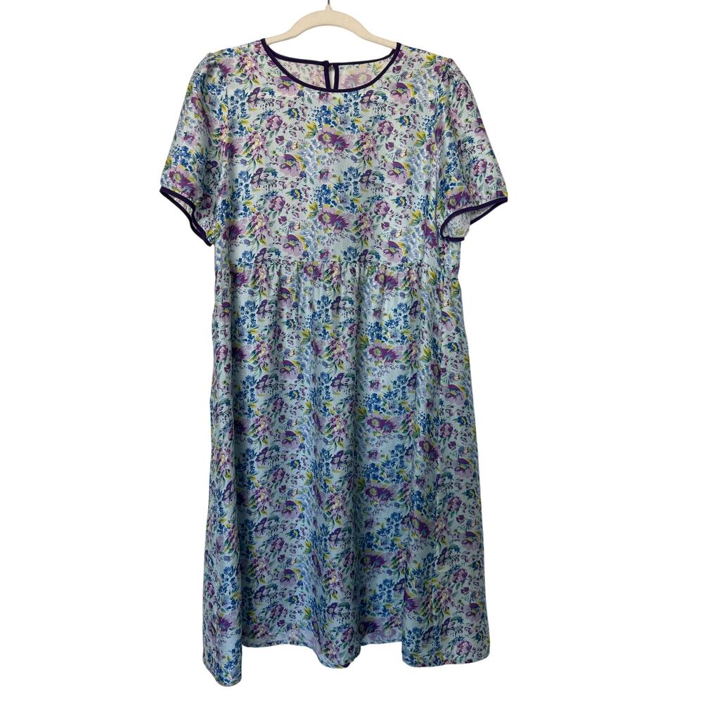100% Mulberry Silk L Light Blue Floral Babydoll Midi Dress Short Sleeve Boho